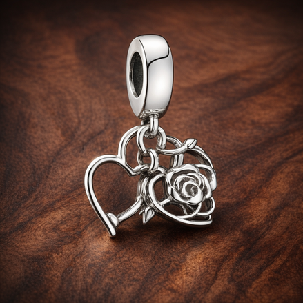 Rose Heart Padlock Dangle Charm — display on walnut