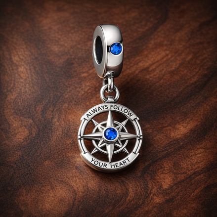 Blue Compass Dangle Charm - Blue Compass Dangle Charm — display on walnut
