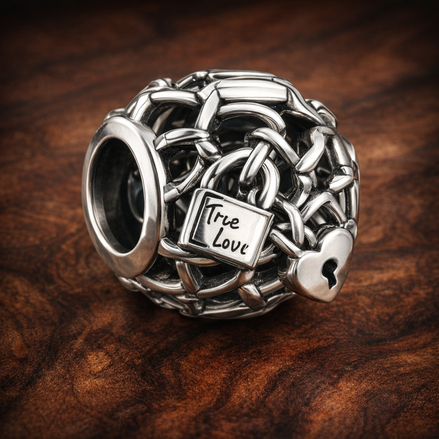 Openwork Chain Link Padlock Charm — display on walnut