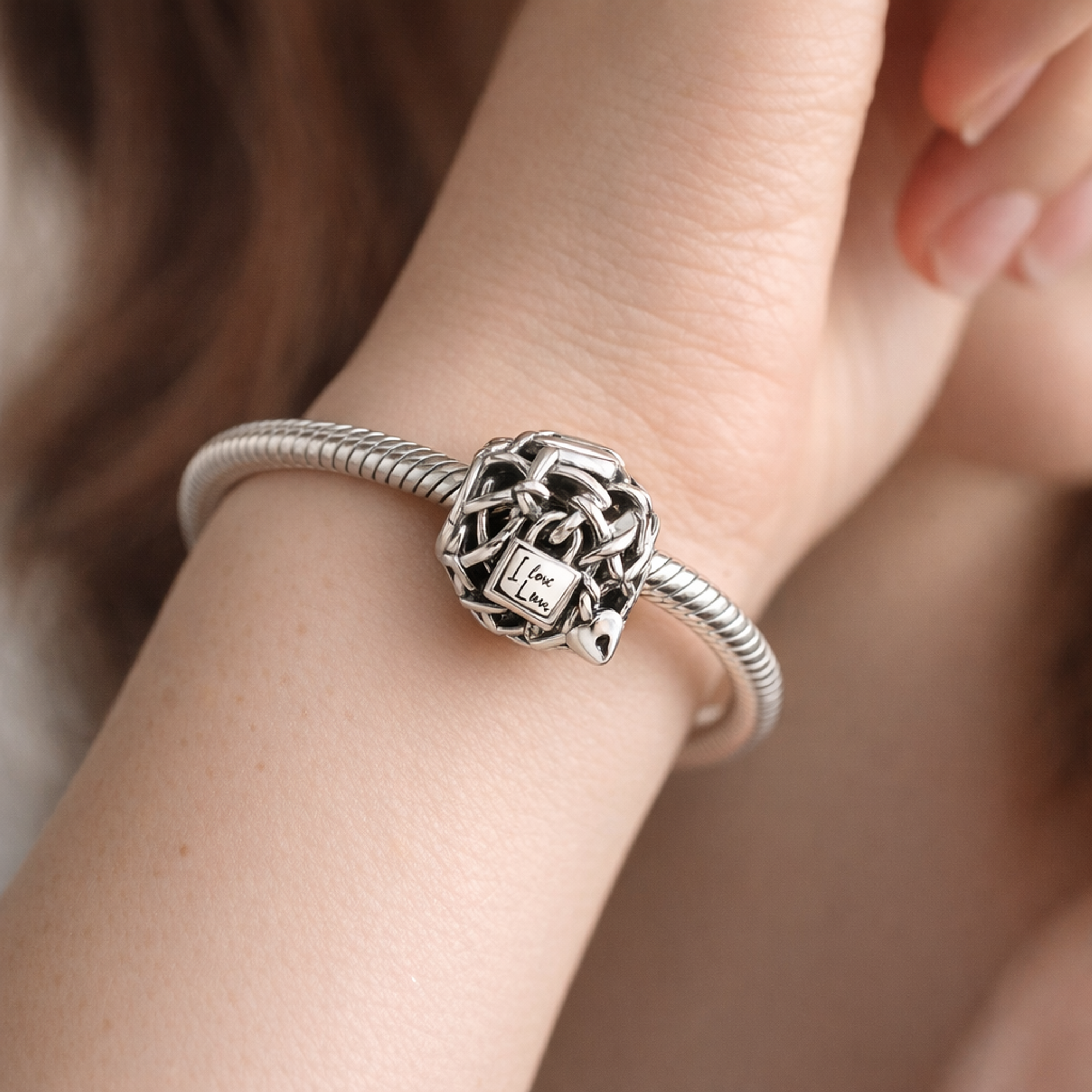 Openwork Chain Link Padlock Charm — worn on wrist