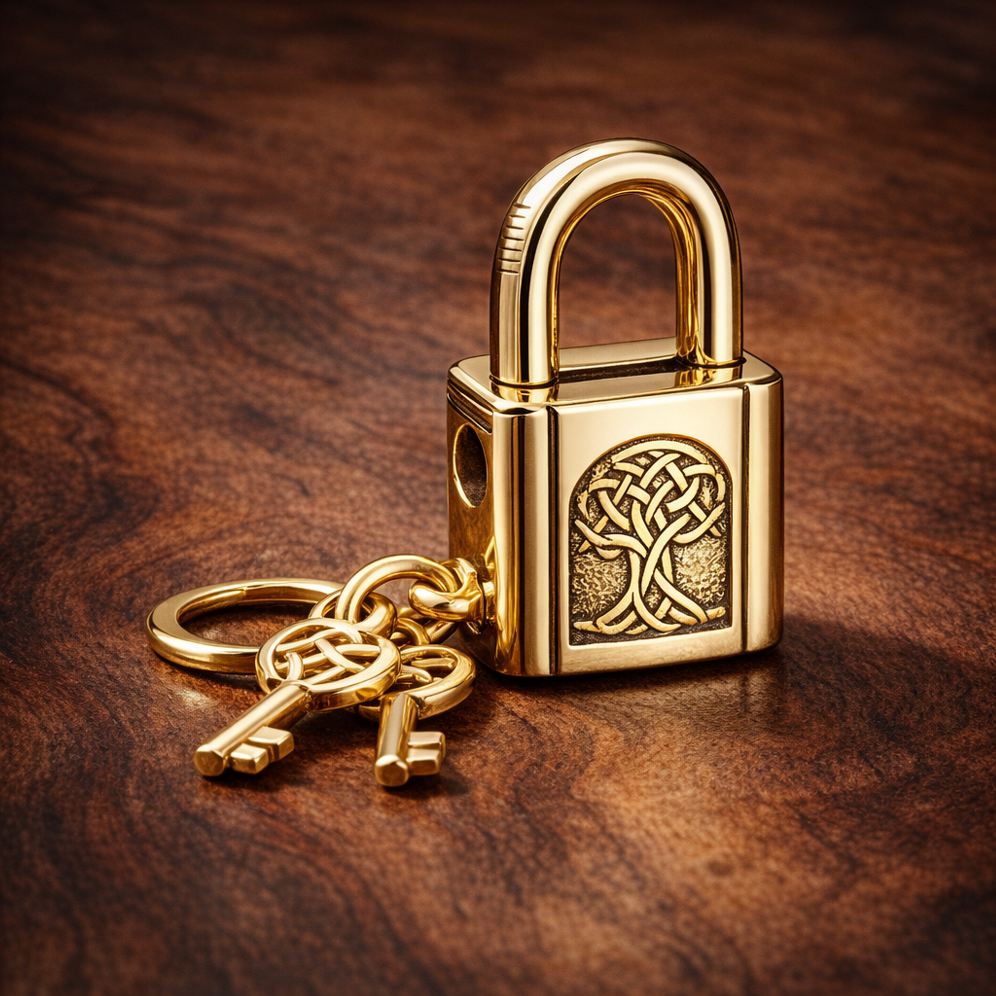 Padlock & Key Dangle Charm — display on walnut