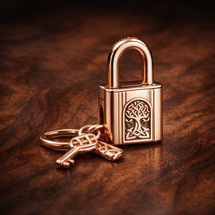 Padlock & Key Dangle Charm — display on walnut