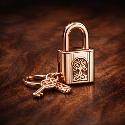 Padlock & Key Dangle Charm — display on walnut