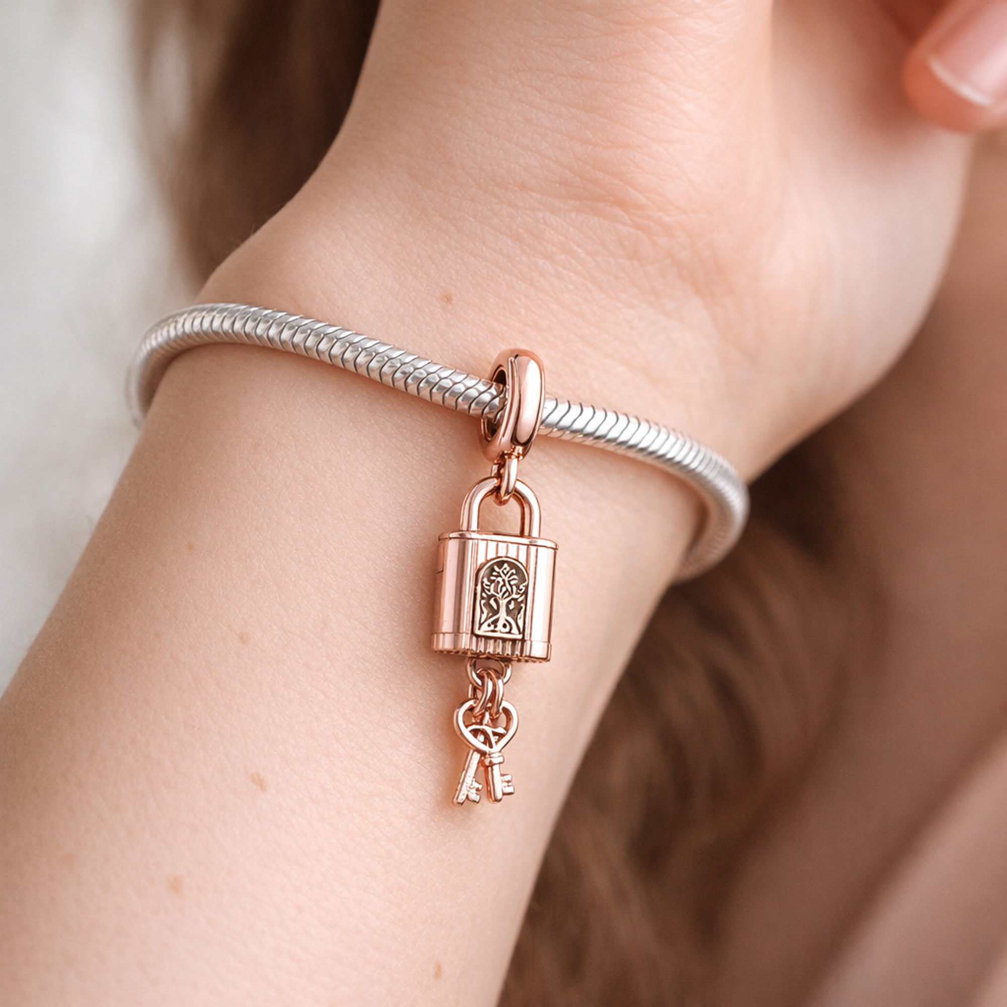 Padlock & Key Dangle Charm — worn on wrist