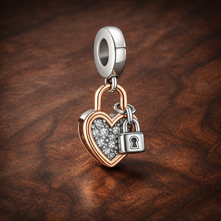 Heart Padlock Double Dangle Charm — display on walnut