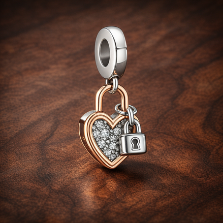 Heart Padlock Double Dangle Charm — display on walnut