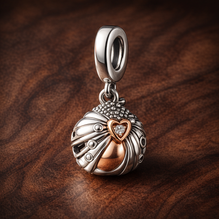 Angel Wing Heart Dangle Charm - Angel Wing Heart Dangle Charm — display on walnut