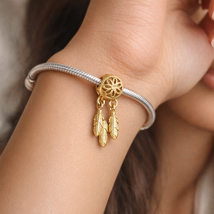 Gold Plated Dreamcatcher Feather Charm - Gold Plated Dreamcatcher Feather Charm — worn on wrist
