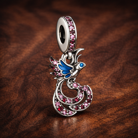 Majestic Phoenix - Majestic Phoenix Dangle Charm With Sparkling Stones — display on walnut