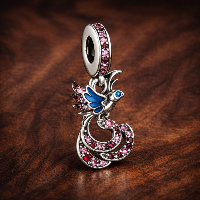 Majestic Phoenix - Majestic Phoenix Dangle Charm With Sparkling Stones — display on walnut