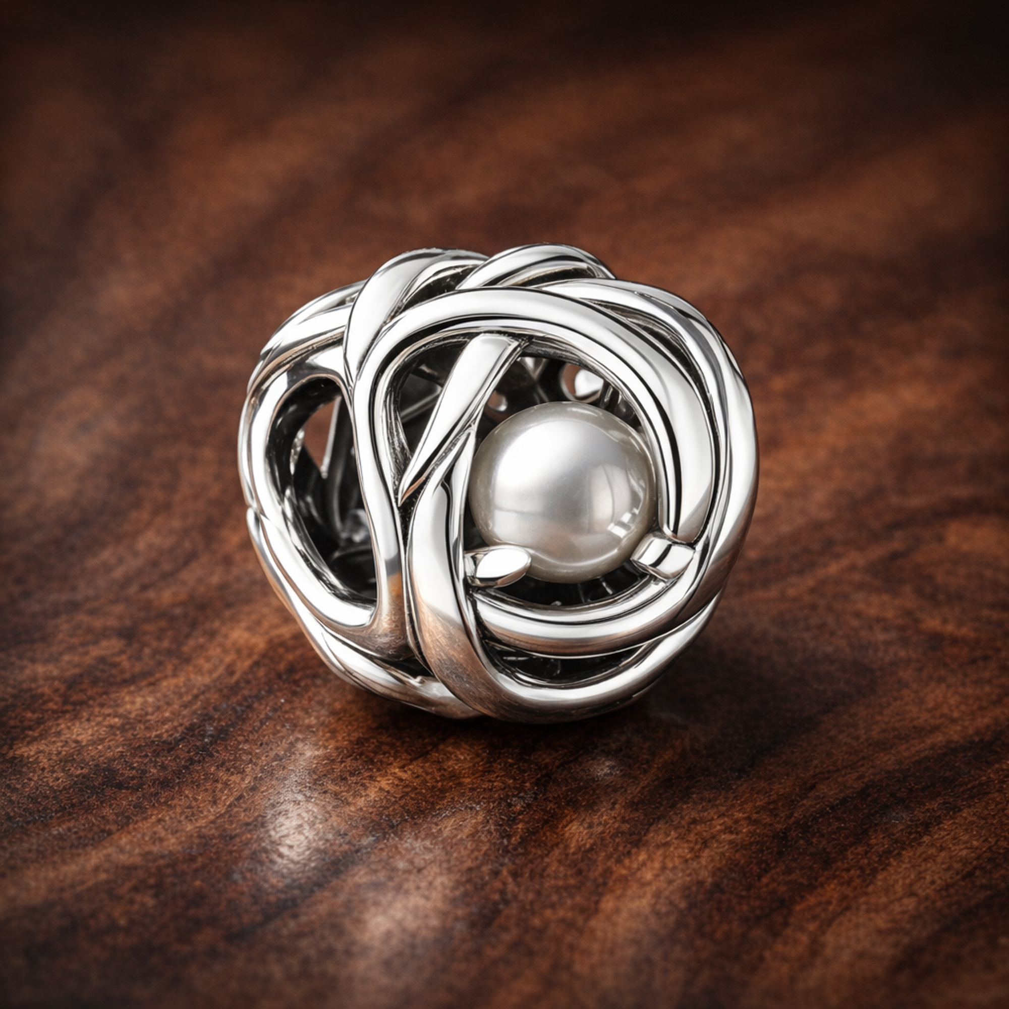 April Clear Eternity Circle Charm — display on walnut