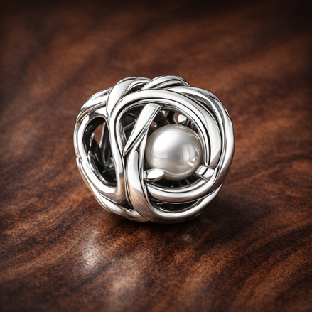 April Clear Eternity Circle Charm — display on walnut