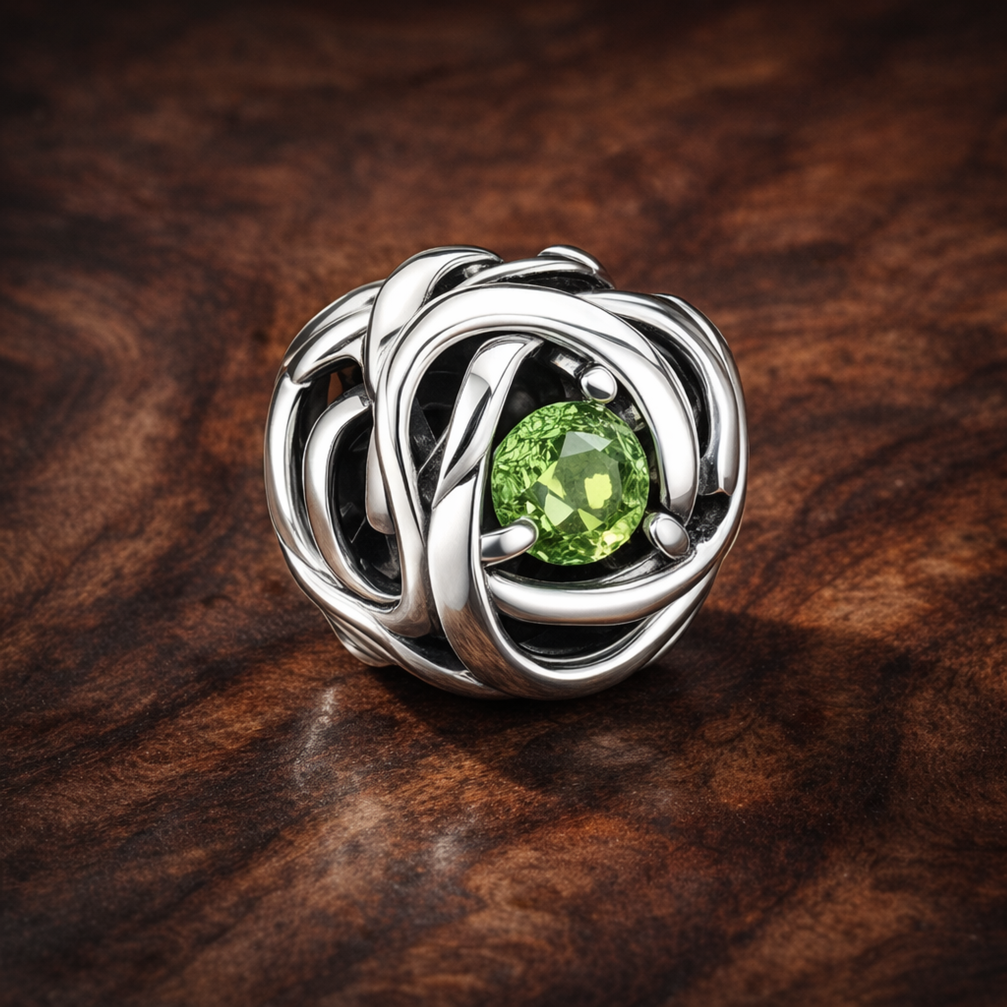 August Spring Green Eternity Circle Charm — display on walnut