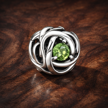 August Spring Green Eternity Circle Charm — display on walnut