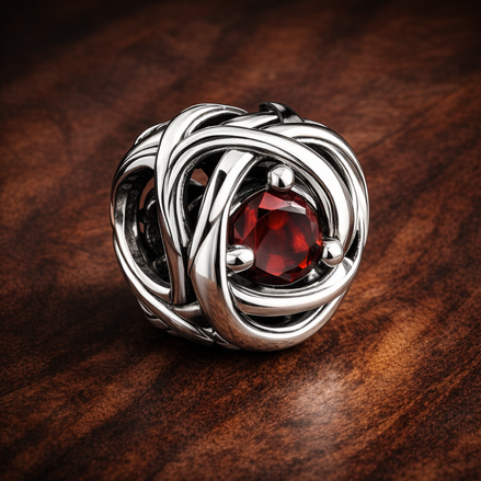 July True Red Eternity Circle Charm — display on walnut