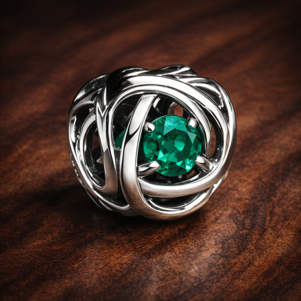 May Green Eternity Circle Charm — display on walnut