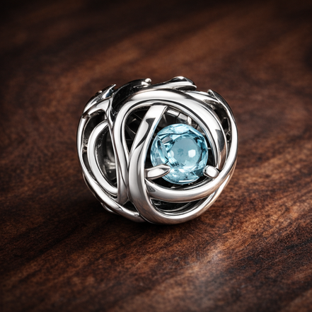 March Sea Aqua Blue Eternity Circle Charm — display on walnut