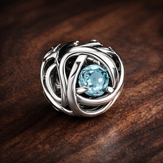 March Sea Aqua Blue Eternity Circle Charm — display on walnut