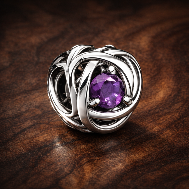 February Purple Eternity Circle Charm — display on walnut