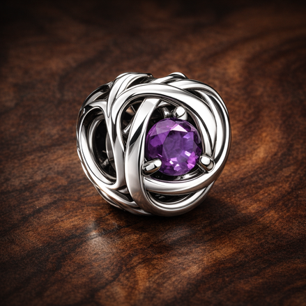 February Purple Eternity Circle Charm — display on walnut