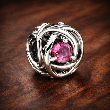 October Pink Eternity Circle Charm — display on walnut