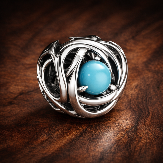 December Turquoise Blue Eternity Circle Charm — display on walnut
