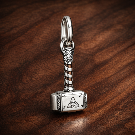 Marvel The Avengers Thor's Hammer Dangle Charm — display on walnut