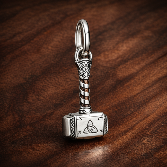 Marvel The Avengers Thor's Hammer Dangle Charm — display on walnut