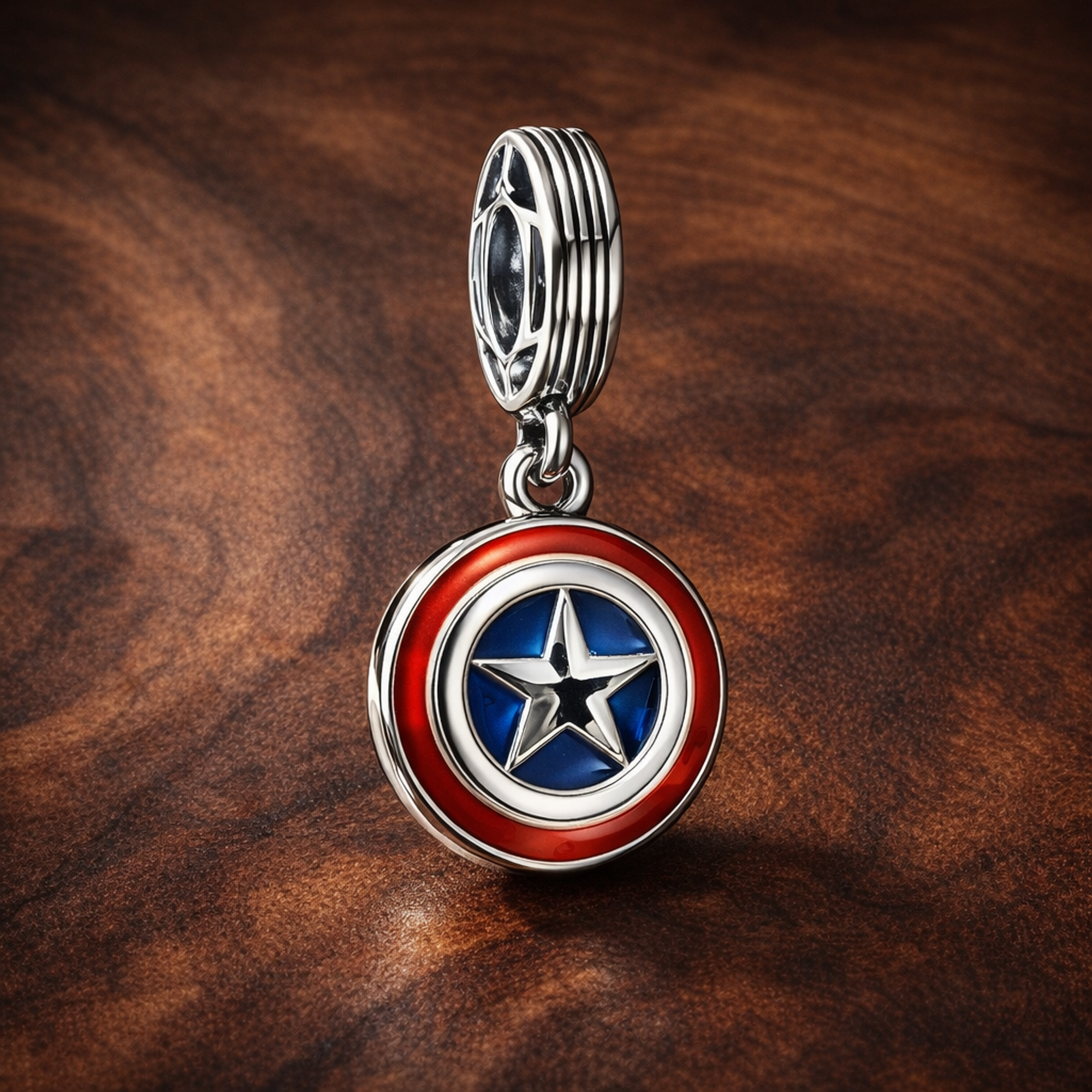 Marvel The Avengers Captain America Shield Dangle Charm — display on walnut