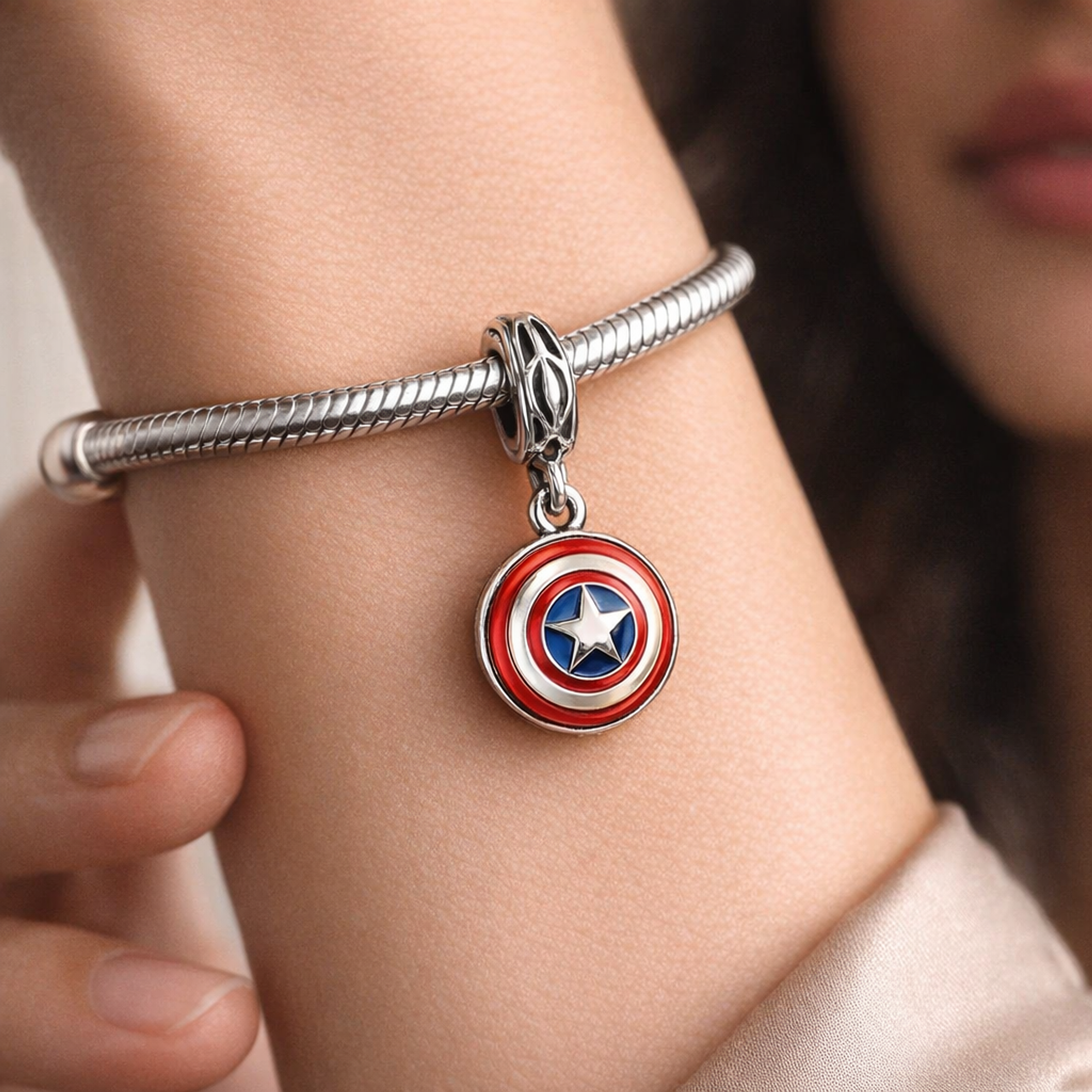 Marvel The Avengers Captain America Shield Dangle Charm — worn on wrist
