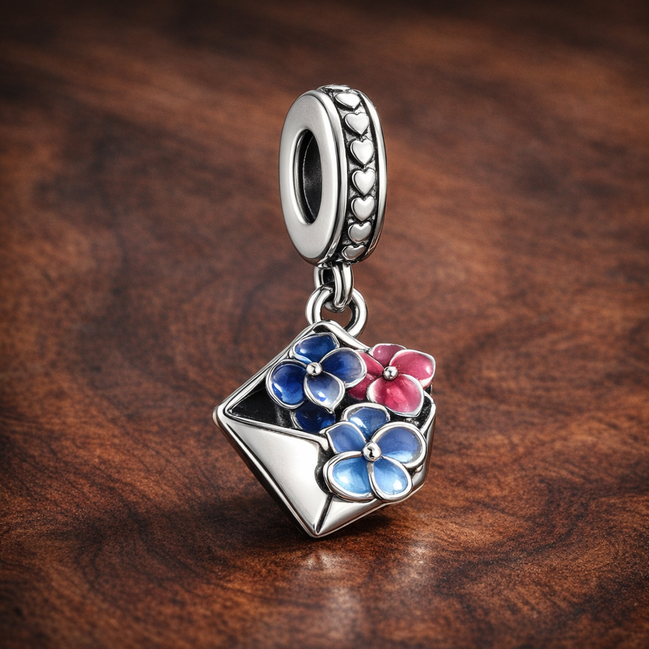 Envelope with Flowers Dangle Charm - Envelope with Flowers Dangle Charm — display on walnut
