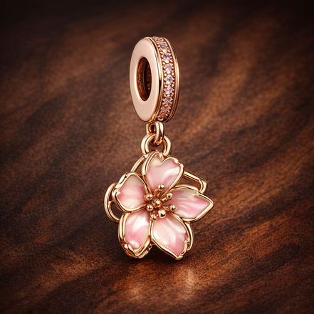 Cherry Blossom Dangle Charm — display on walnut