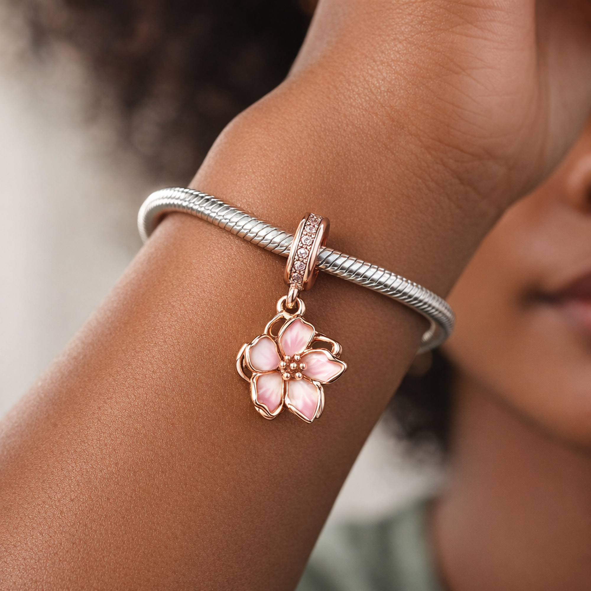 Cherry Blossom Dangle Charm — worn on wrist