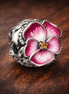 Pink Pansy Flower Charm — display on walnut