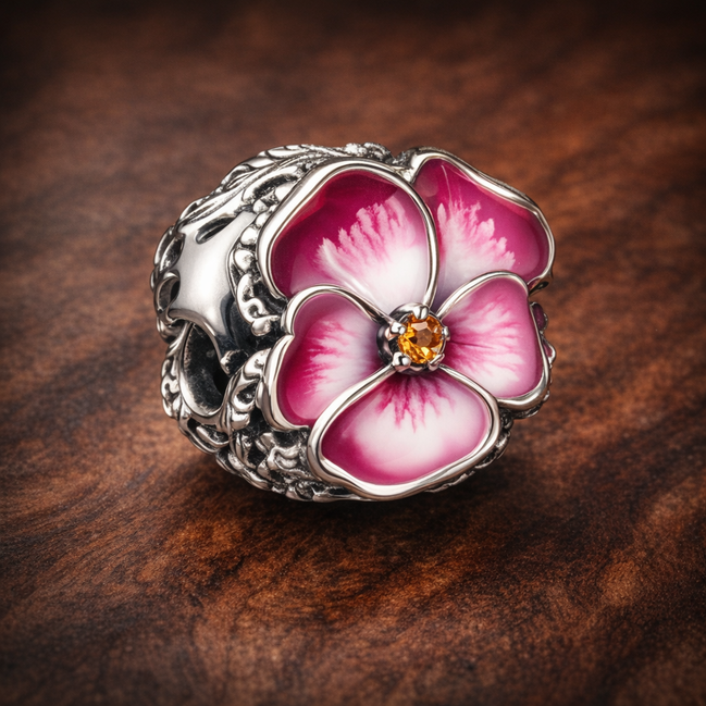 Pink Pansy Flower Charm — display on walnut
