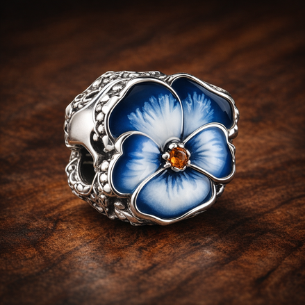 Blue Pansy Flower Charm — display on walnut