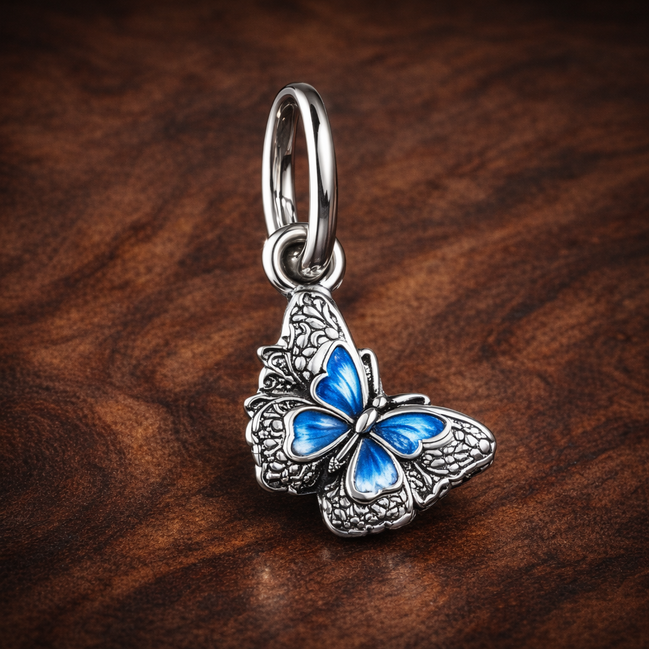 Blue Butterfly & Quote Double Dangle Charm — display on walnut