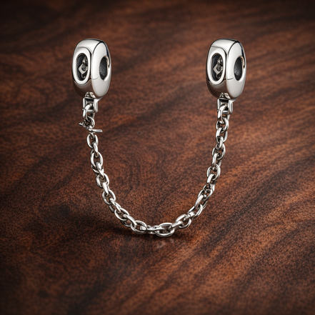 Silver Beaded Safety Chain Charm - Silver Beaded Safety Chain Charm — display on walnut