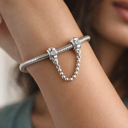 Silver Ball Safety Chain Charm - Silver Ball Safety Chain Charm — worn on wrist