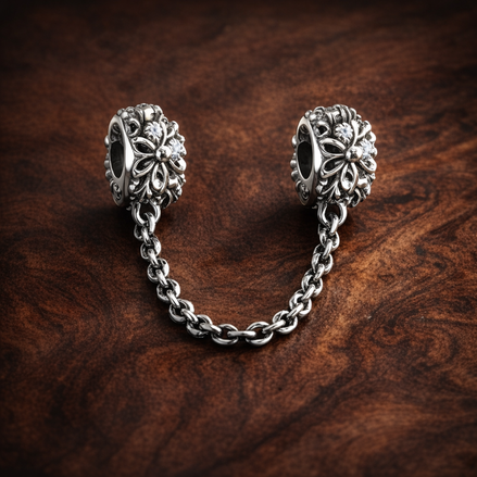 Silver Leaf Safety Chain Charm - Silver Leaf Safety Chain Charm — display on walnut