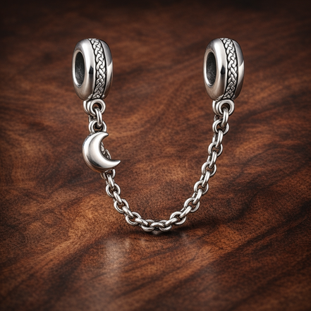 Moon Star Safety Chain Charm - Moon Star Safety Chain Charm — display on walnut