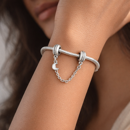 Moon Star Safety Chain Charm - Moon Star Safety Chain Charm — worn on wrist