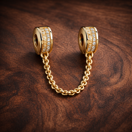 Gold Plated Double Chain Charm - Gold Plated Double Chain Charm — display on walnut
