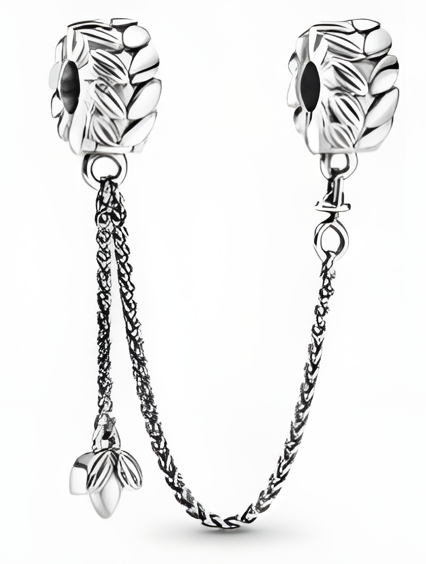 Sterling Silver Leaf & Feather Safety Chain Charm