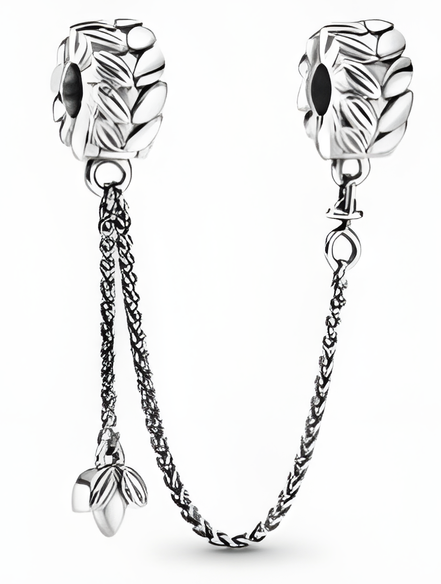Sterling Silver Leaf & Feather Safety Chain Charm