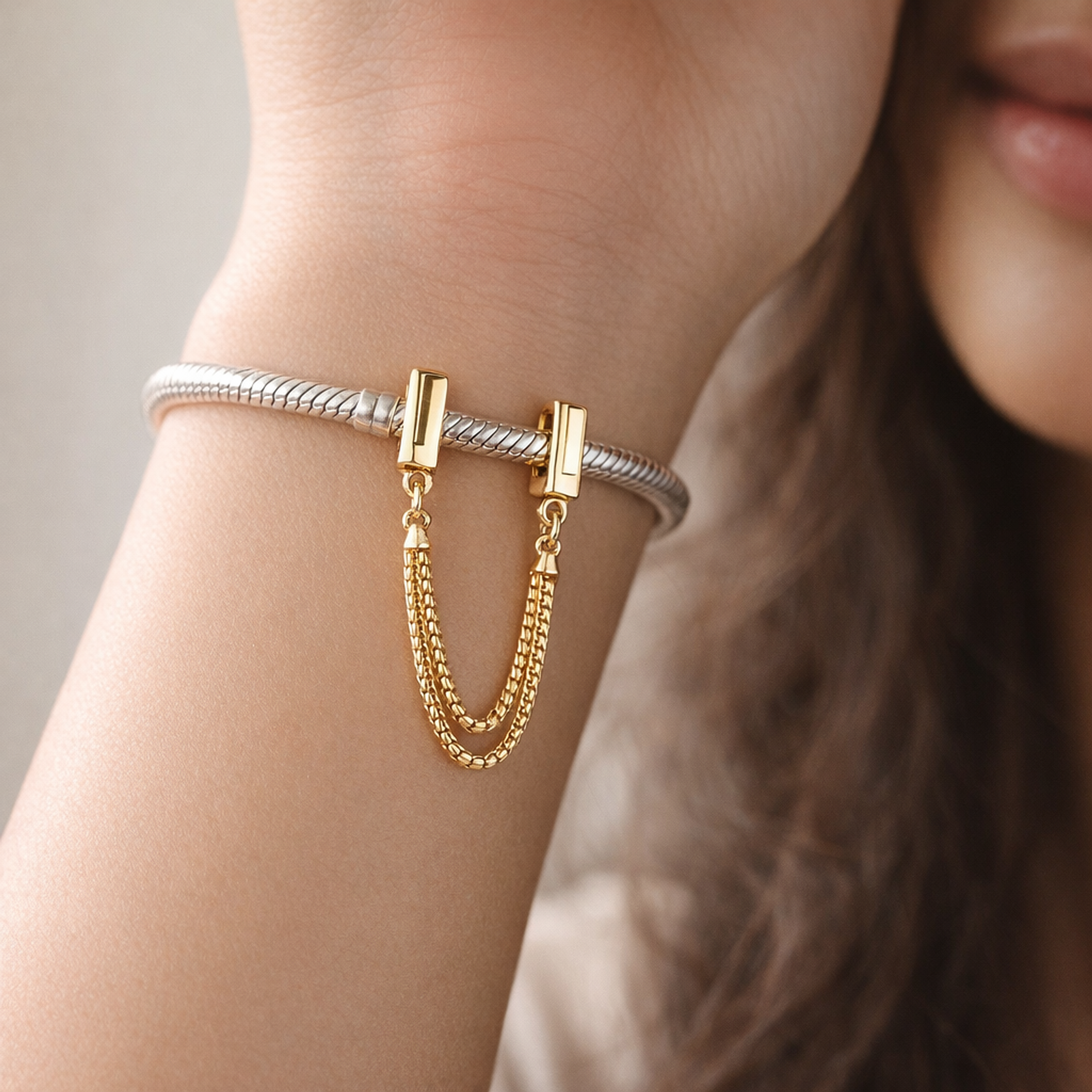 Gold Plated Rectangular Safety Chain Charm - Gold Plated Rectangular Safety Chain Charm — worn on wrist