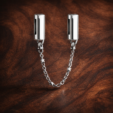 Silver Pandora Logo Safety Chain Charm - Silver Pandora Logo Safety Chain Charm — display on walnut