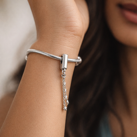 Silver Pandora Logo Safety Chain Charm - Silver Pandora Logo Safety Chain Charm — worn on wrist