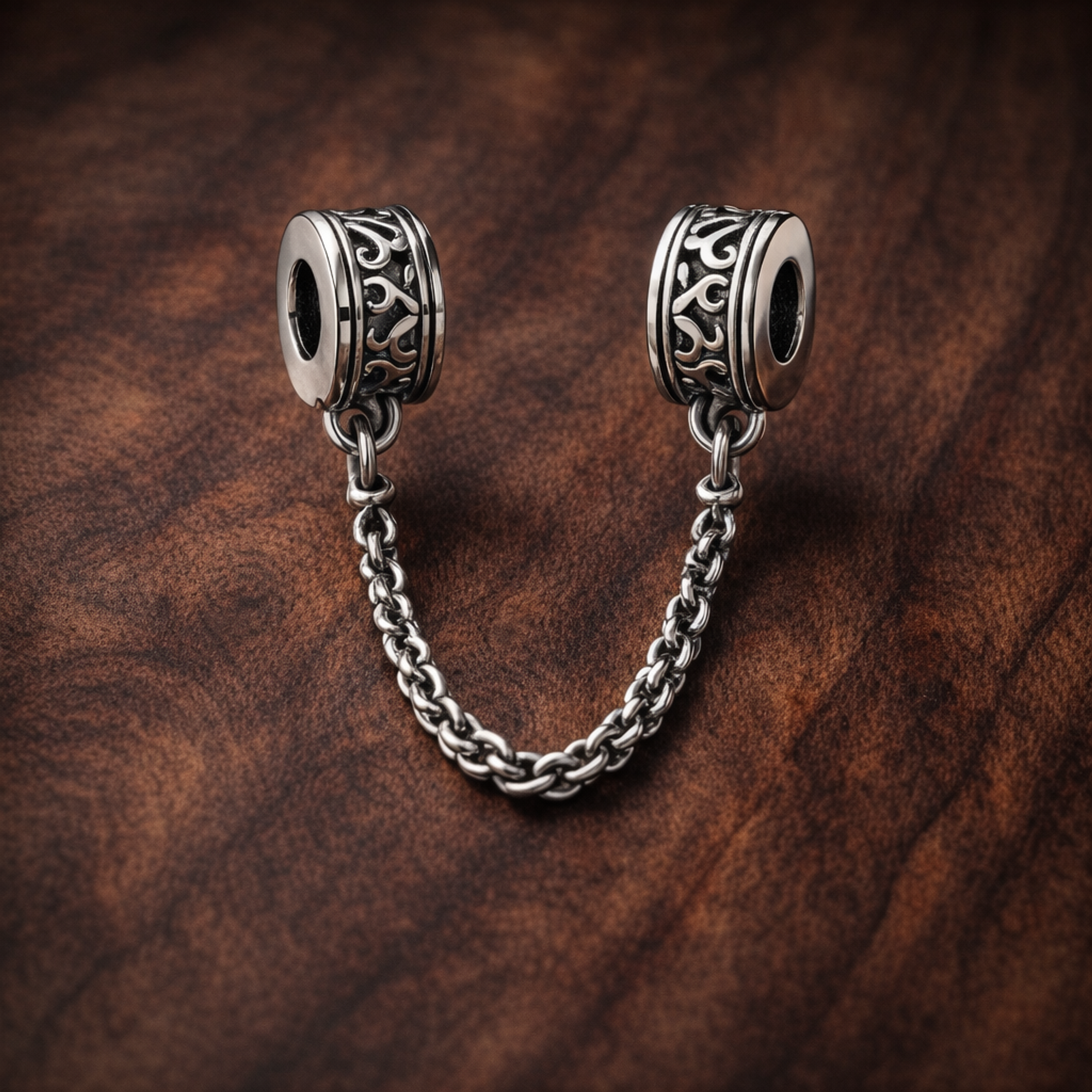 Silver Logo Safety Chain Charm - Silver Logo Safety Chain Charm — display on walnut