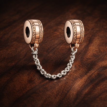 Rose Silver Logo Safety Chain Charm - Rose Silver Logo Safety Chain Charm — display on walnut